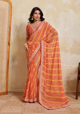 Yellow Printed Georgette Saree Set