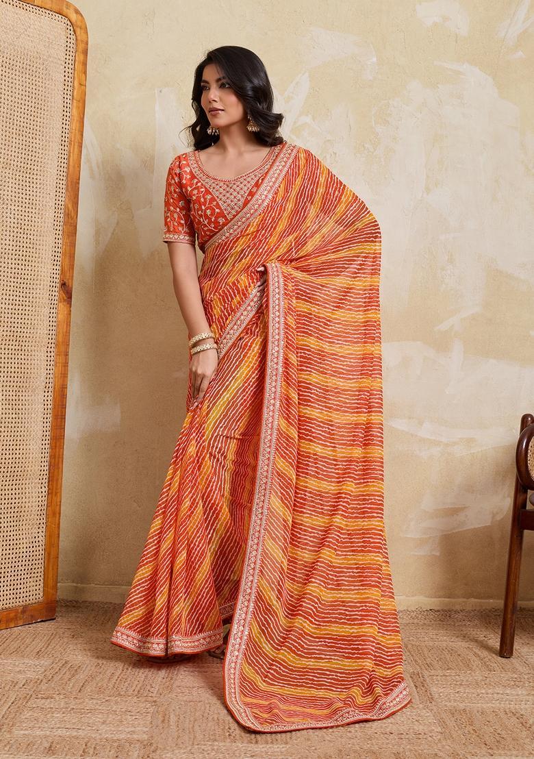 Yellow Printed Georgette Saree Set - Indya