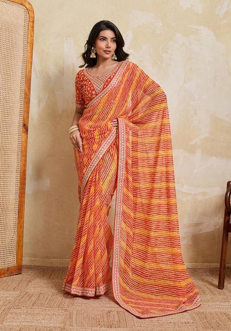 Yellow Printed Georgette Saree Set