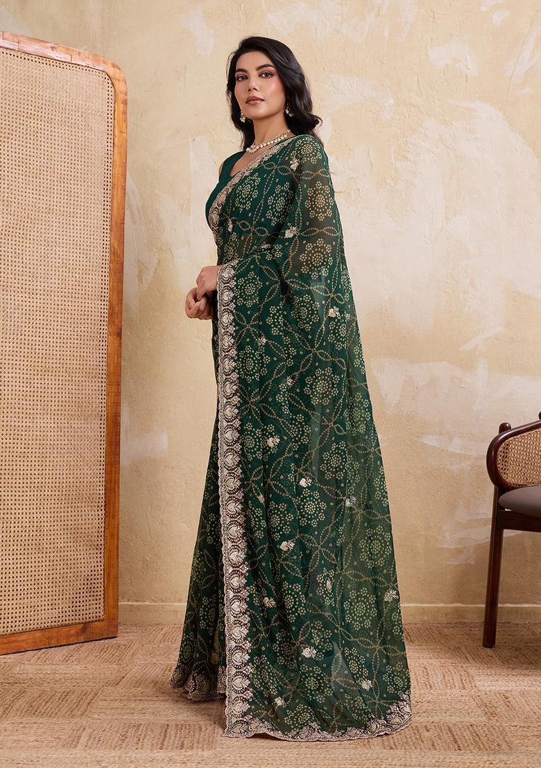 Green Printed Georgette Saree Set - Indya