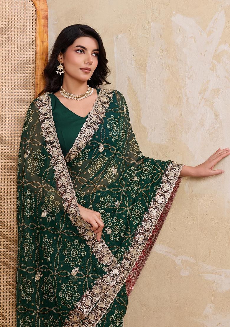 Green Printed Georgette Saree Set - Indya