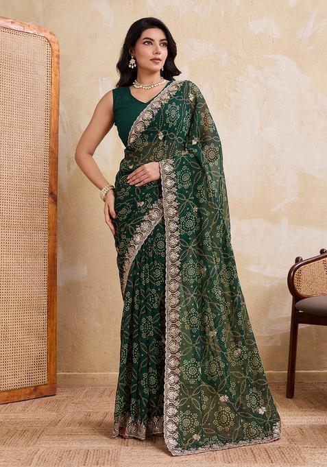 Green Printed Georgette Saree Set