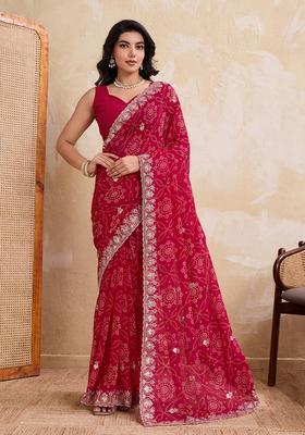Pink Printed Georgette Saree Set