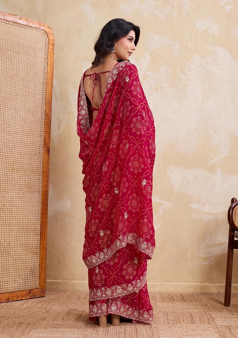 Pink Printed Georgette Saree Set - Indya