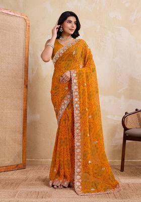 Yellow Printed Georgette Saree Set