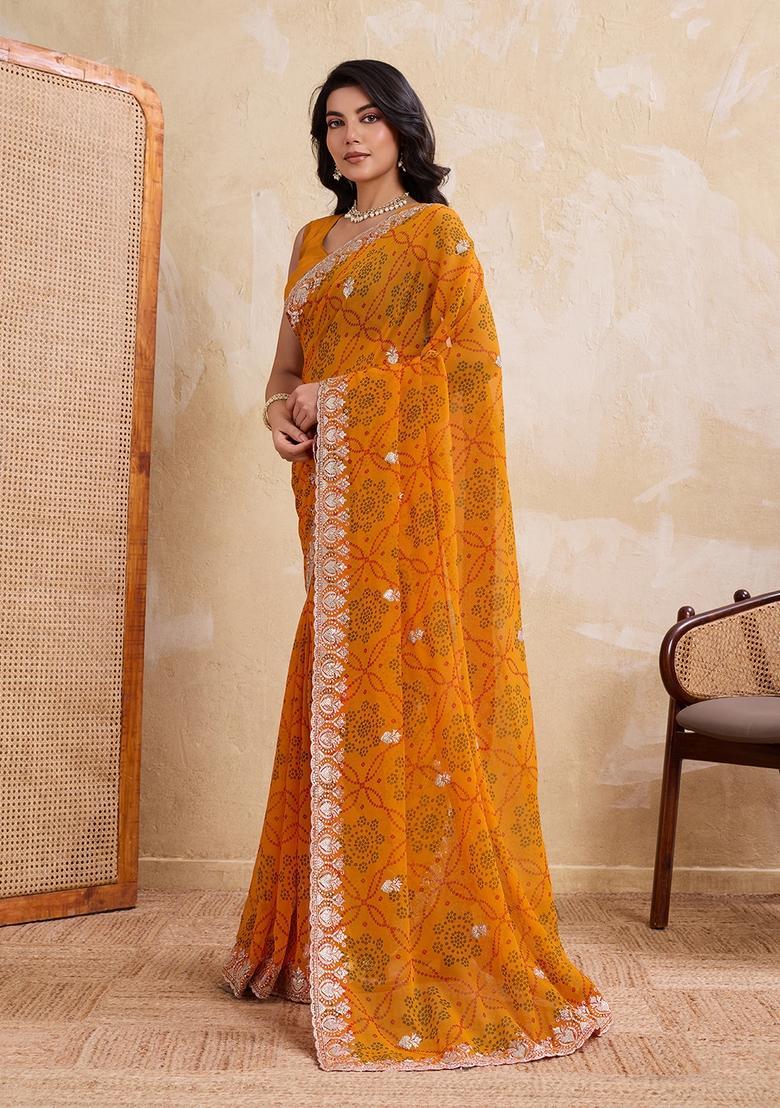Yellow Printed Georgette Saree Set - Indya