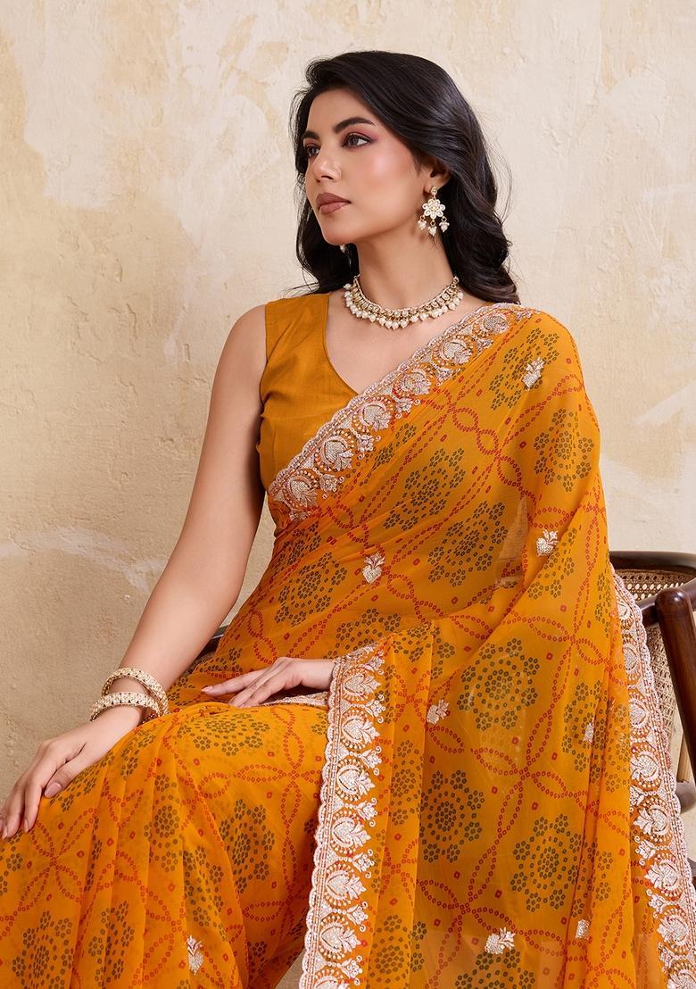 Yellow Printed Georgette Saree Set - Indya