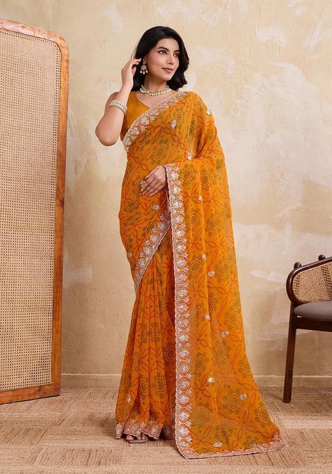 Yellow Printed Georgette Saree Set