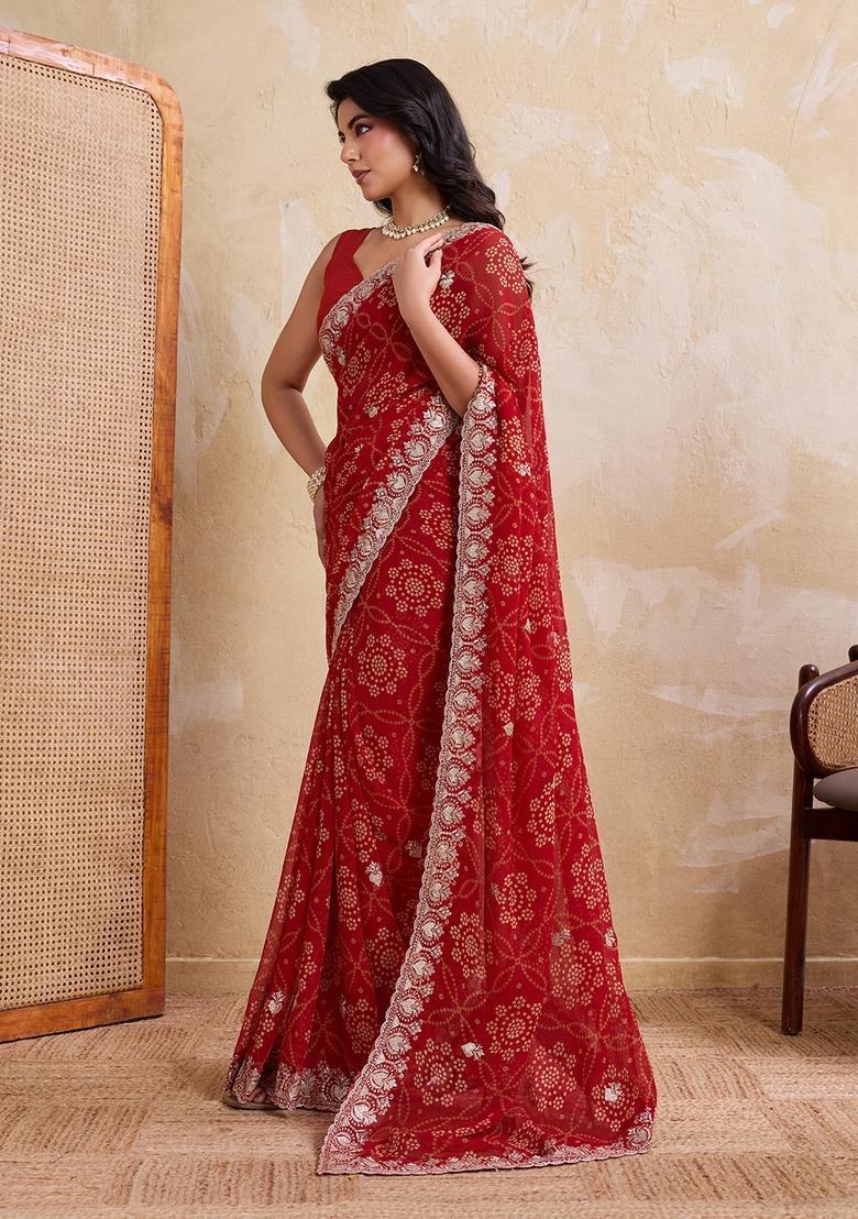 Red Printed Georgette Saree Set - Indya