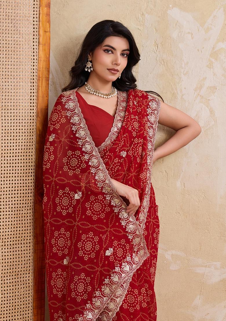 Red Printed Georgette Saree Set - Indya