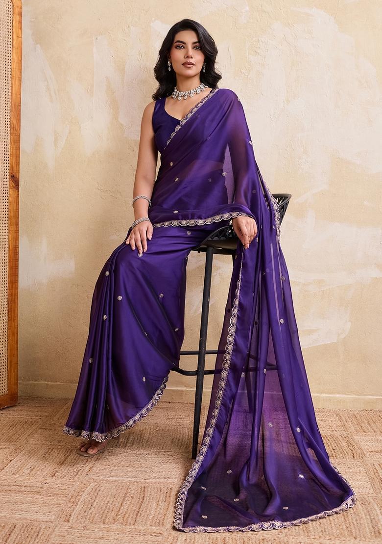 Purple Embroidery Silk Saree Set - Indya