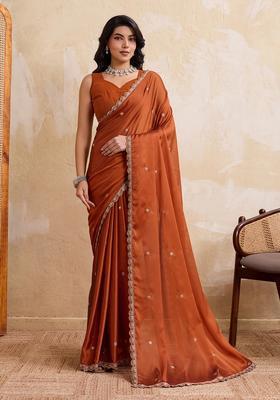 Rust Embroidery Silk Saree Set