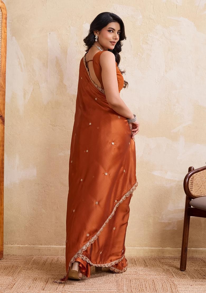 Rust Embroidery Silk Saree Set - Indya