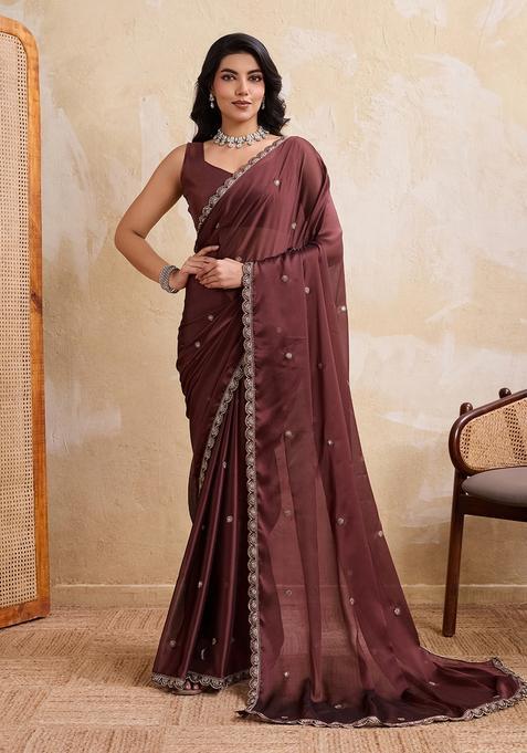 Brown Embroidery Silk Saree Set