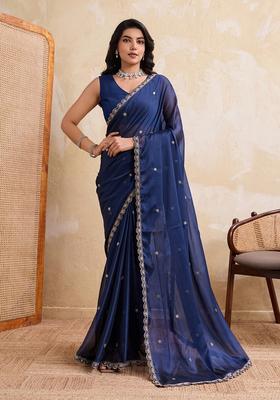 Navy Blue Embroidery Silk Saree Set