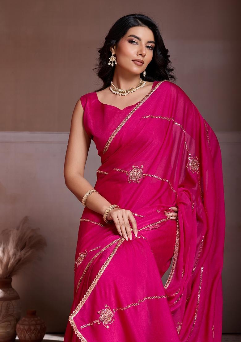Pink Embroidery Silk Saree Set - Indya