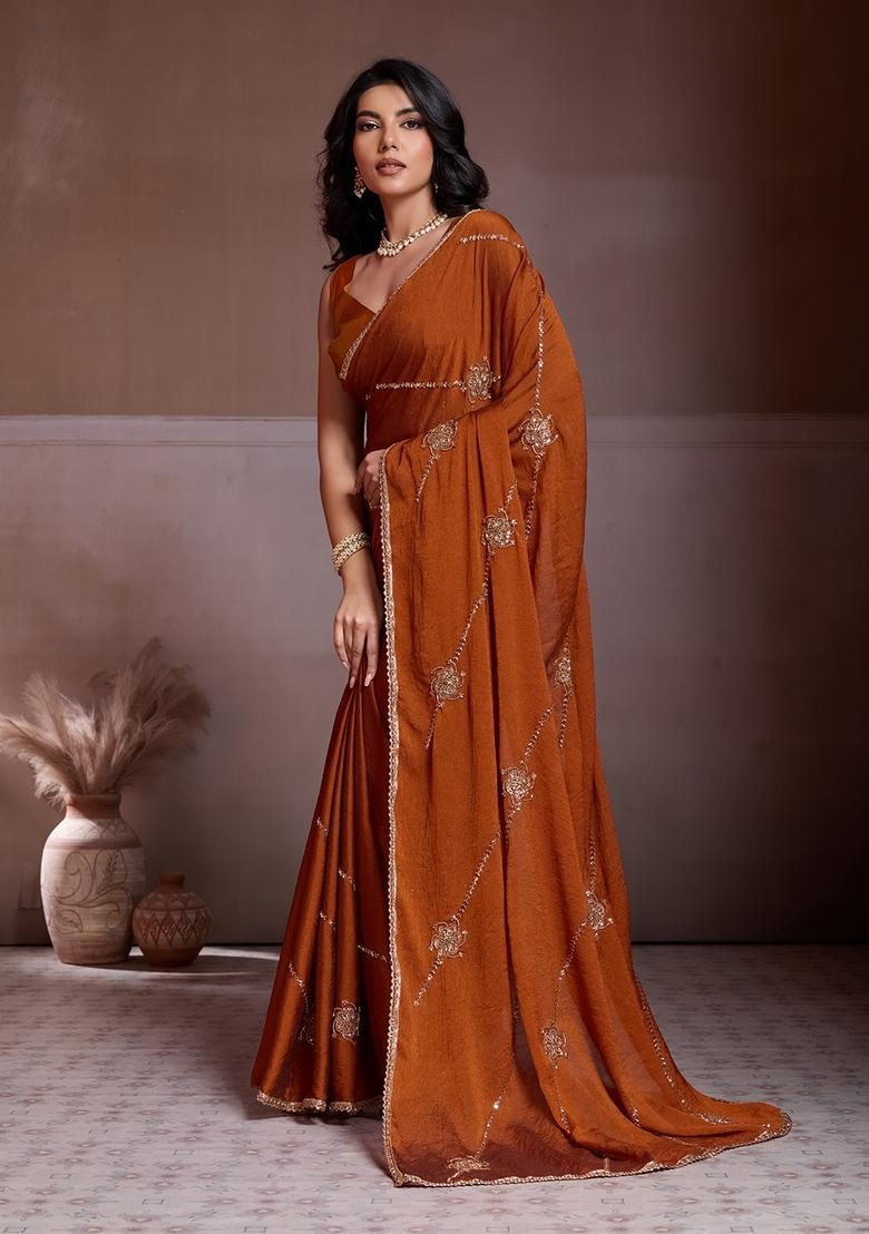 Rust Embroidery Silk Saree Set - Indya