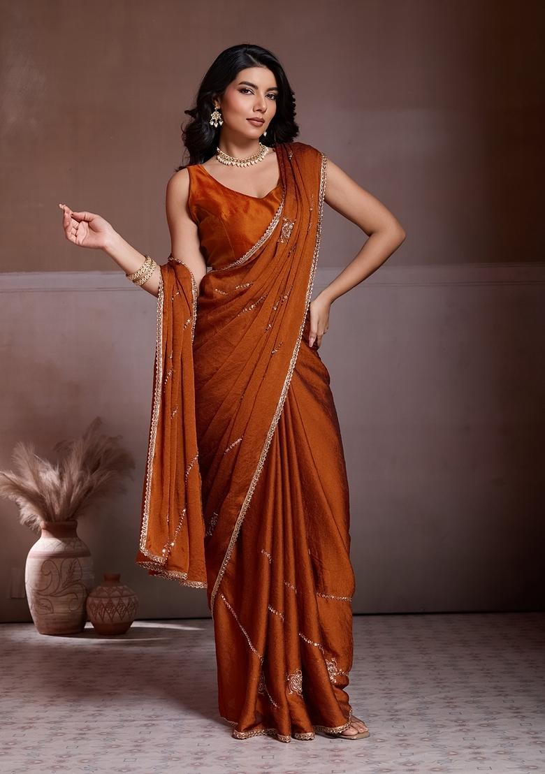 Rust Embroidery Silk Saree Set - Indya