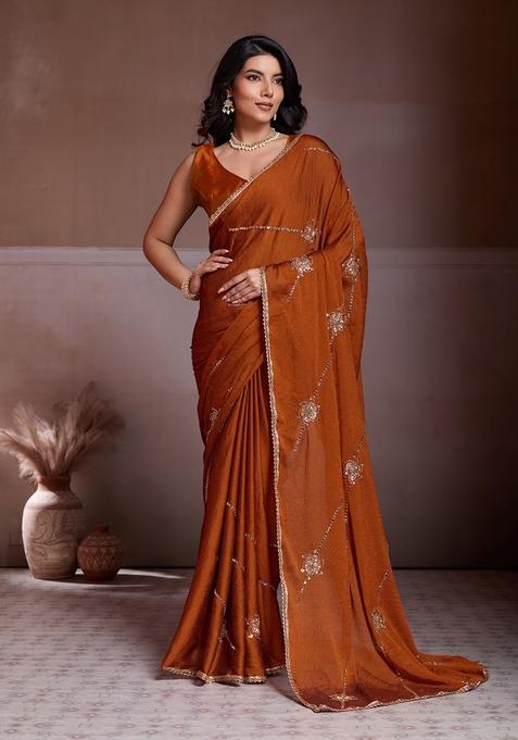 Rust Embroidery Silk Saree Set