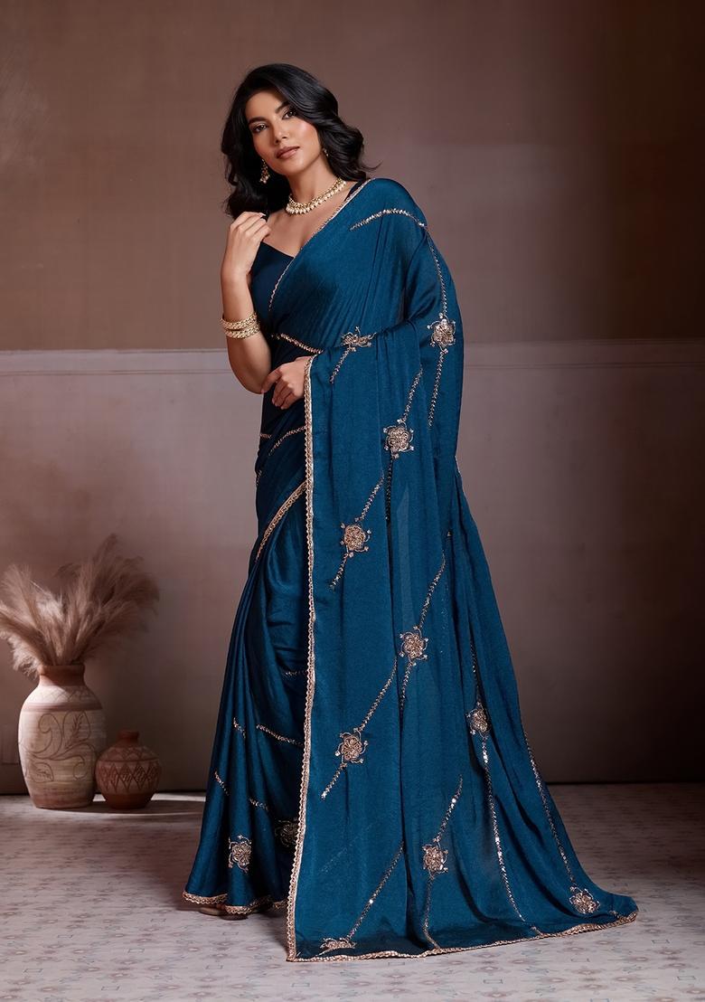 Teal Embroidery Silk Saree Set - Indya