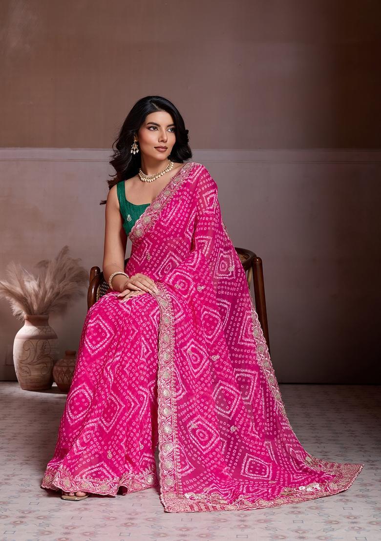 Pink Embroidery Georgette Saree Set - Indya