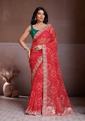 Red Embroidery Georgette Saree Set