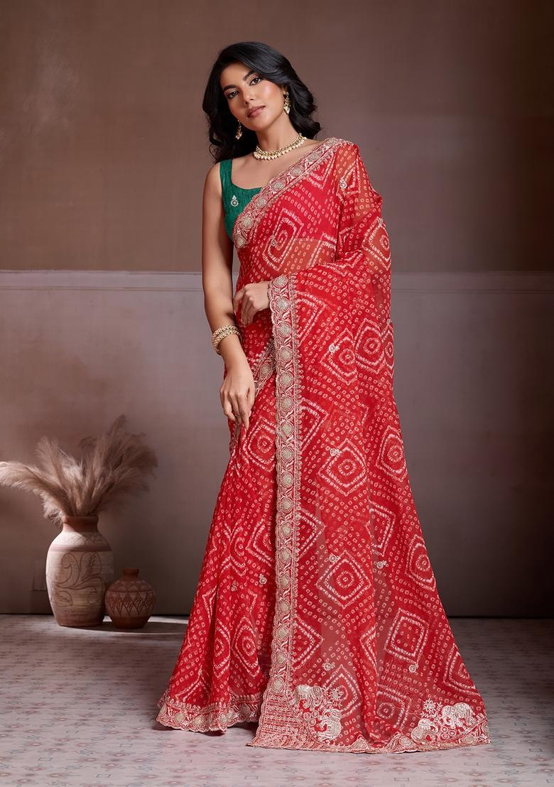 Red Embroidery Georgette Saree Set - Indya