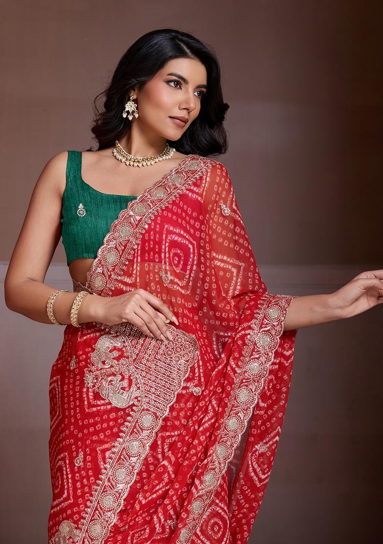 Red Embroidery Georgette Saree Set - Indya