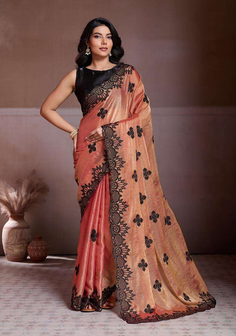 Orange Embroidery Chiffon Saree Set - Indya