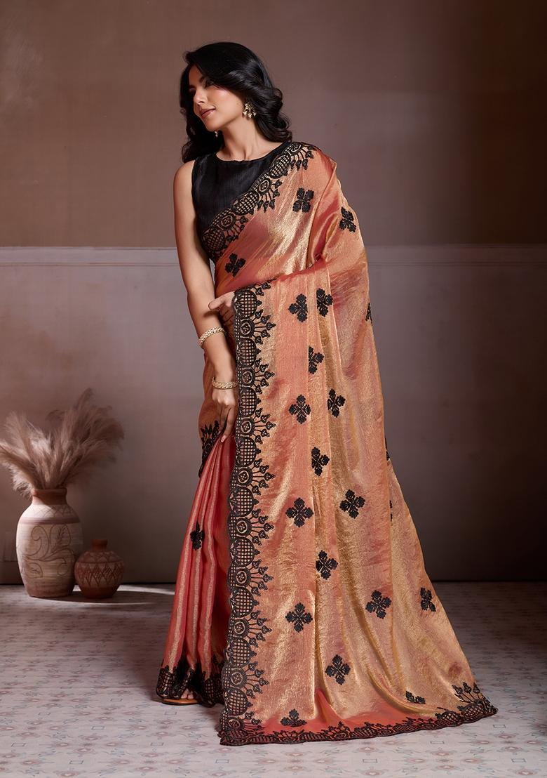 Orange Embroidery Chiffon Saree Set - Indya
