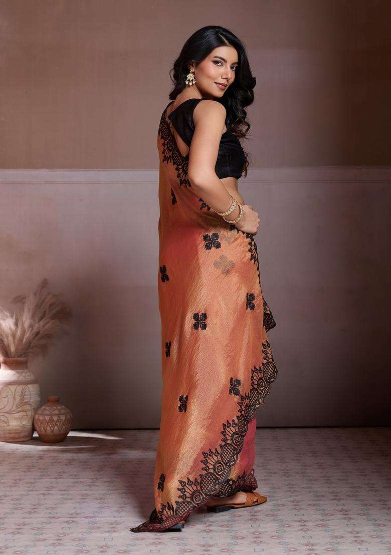 Orange Embroidery Chiffon Saree Set - Indya