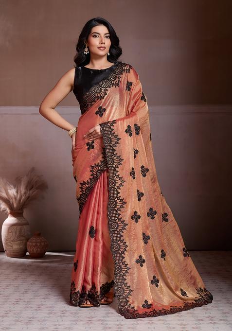 Orange Embroidery Chiffon Saree Set