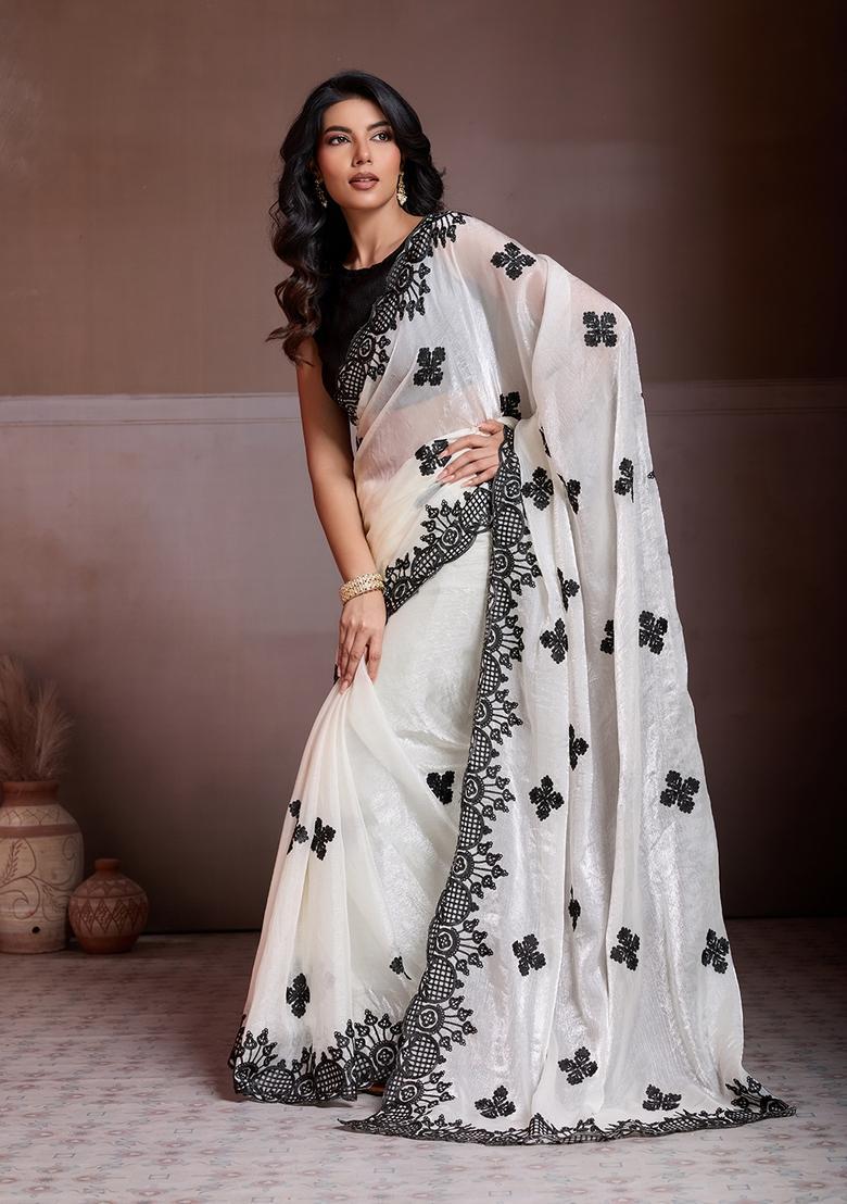 White Embroidery Chiffon Saree Set - Indya