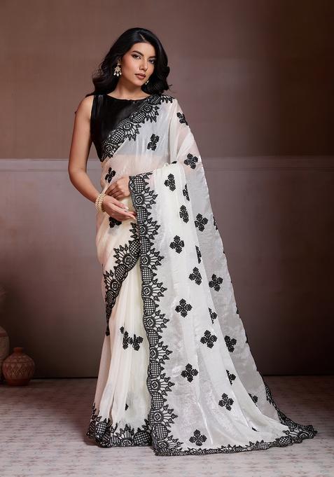 White Embroidery Chiffon Saree Set