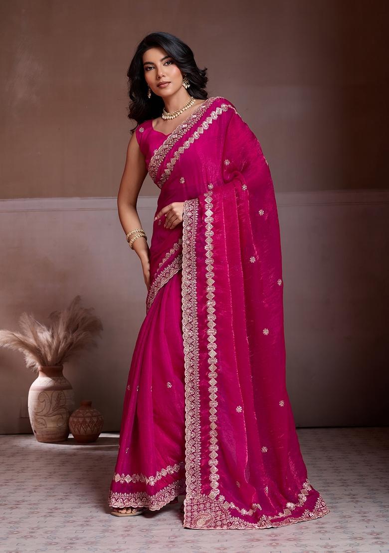 Pink Embroidery Chiffon Saree Set - Indya
