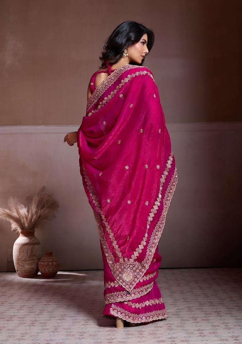 Pink Embroidery Chiffon Saree Set - Indya