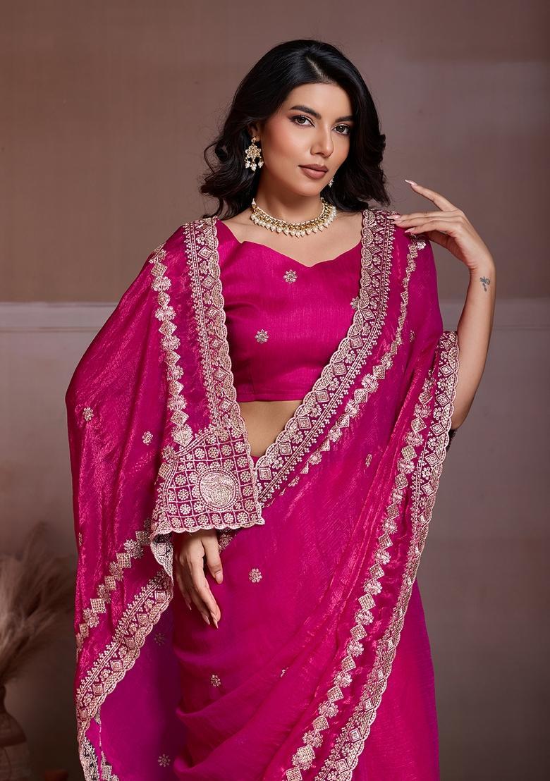 Pink Embroidery Chiffon Saree Set - Indya