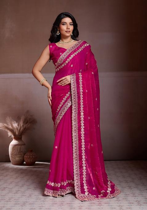 Pink Embroidery Chiffon Saree Set