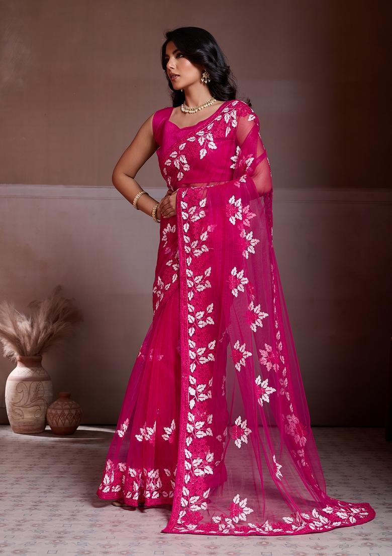 Pink Embroidery Net Saree Set - Indya