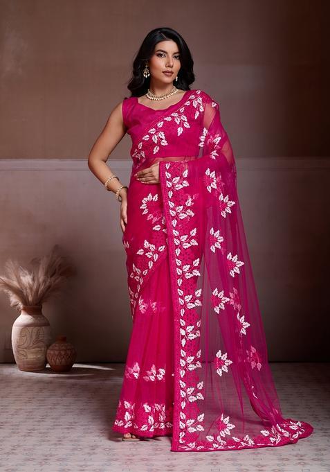 Pink Embroidery Net Saree Set