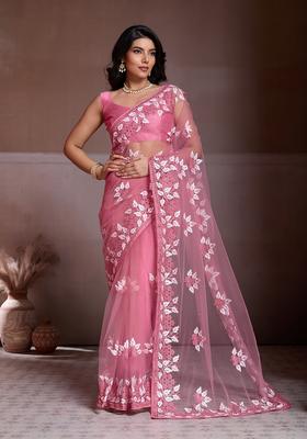 Peach Embroidery Net Saree Set