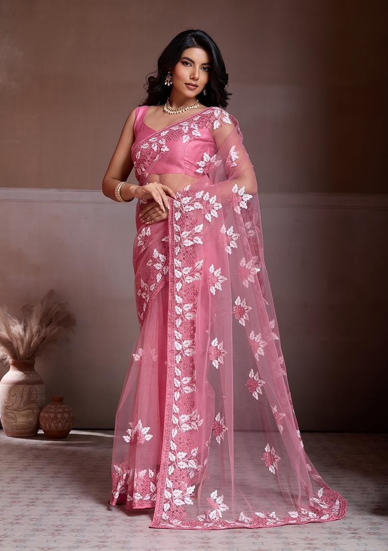Peach Embroidery Net Saree Set - Indya