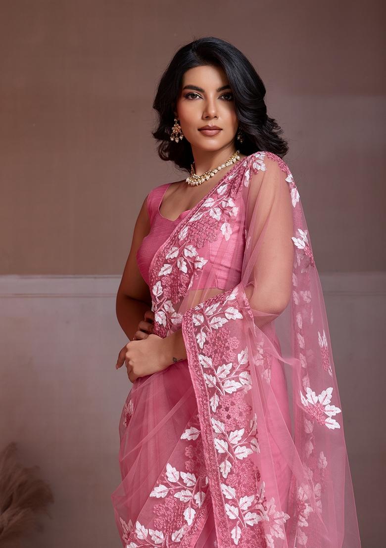 Peach Embroidery Net Saree Set - Indya
