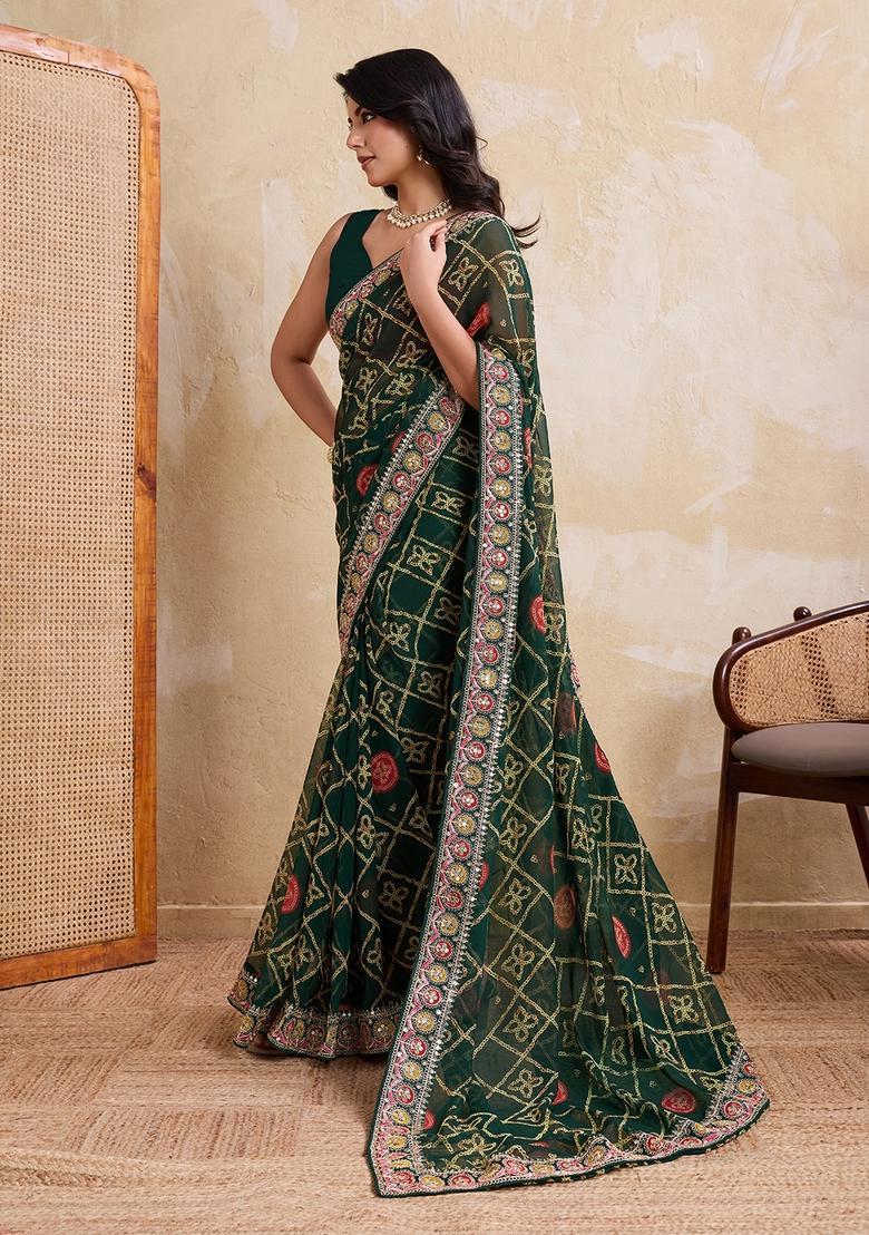 Green Embroidery Georgette Saree Set - Indya