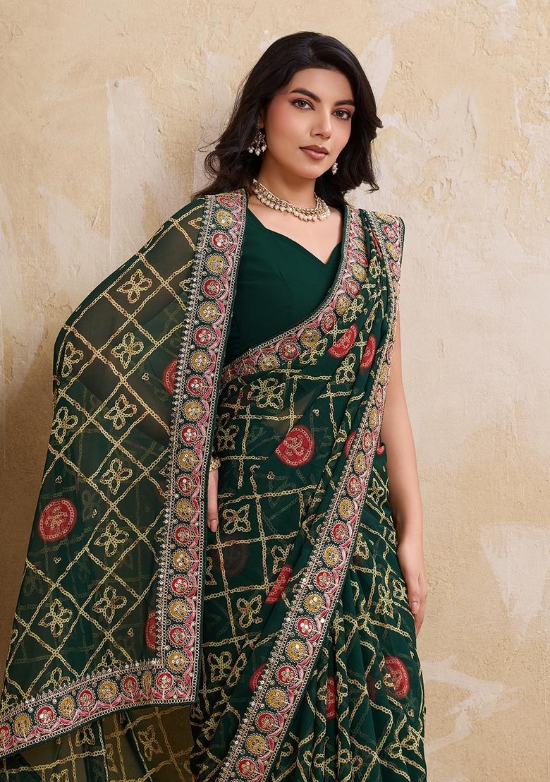 Green Embroidery Georgette Saree Set - Indya