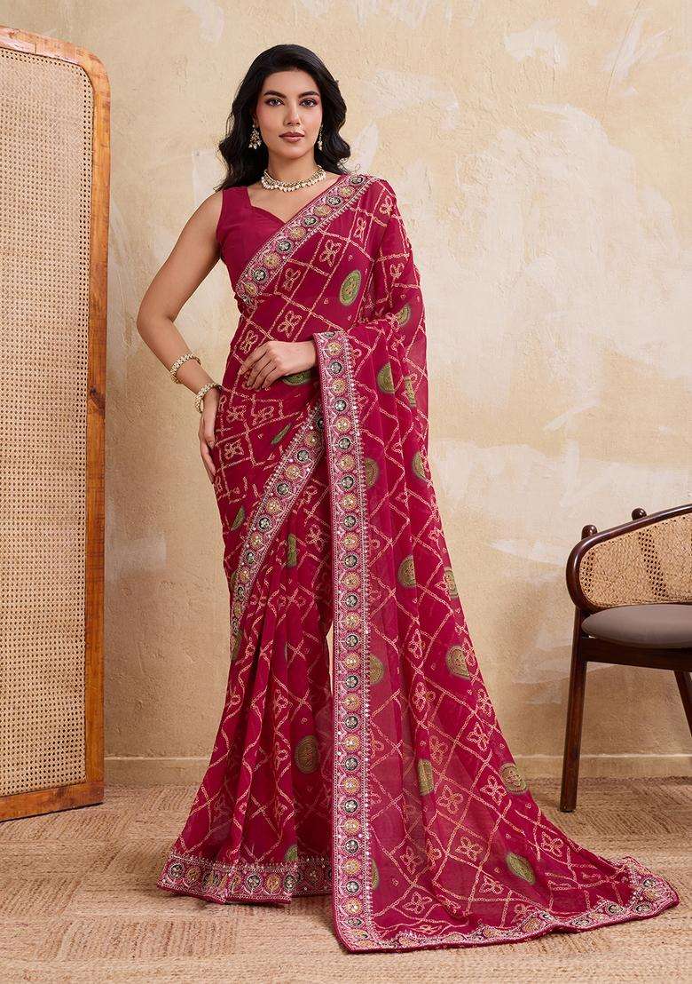 Pink Embroidery Georgette Saree Set - Indya