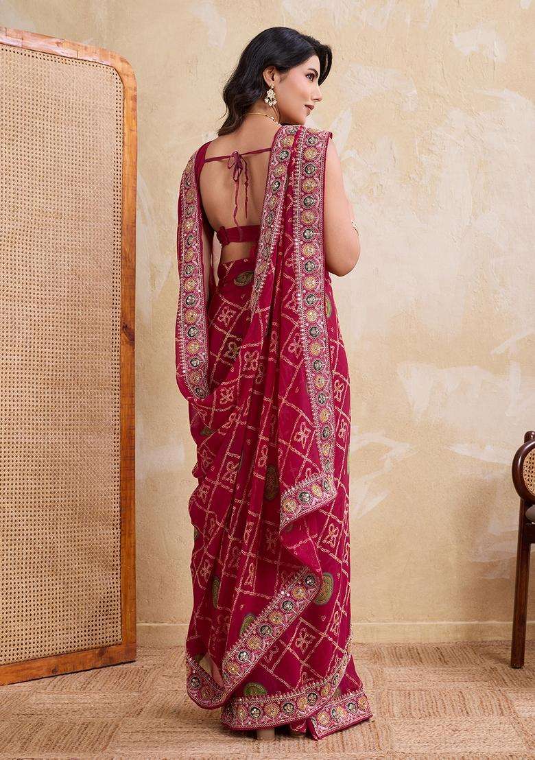 Pink Embroidery Georgette Saree Set - Indya