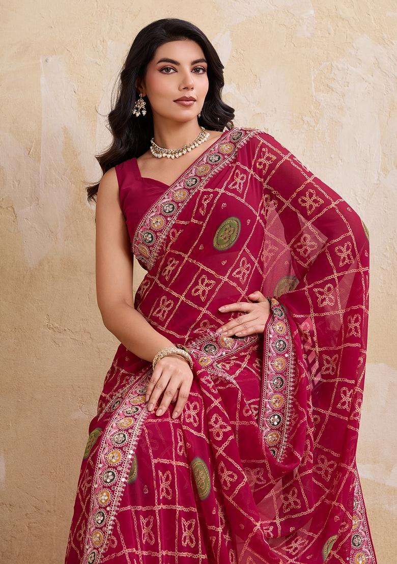 Pink Embroidery Georgette Saree Set - Indya