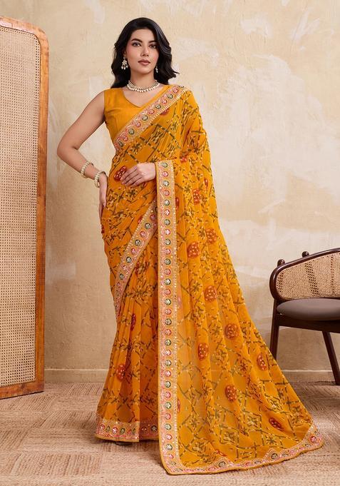 Yellow Embroidery Georgette Saree Set