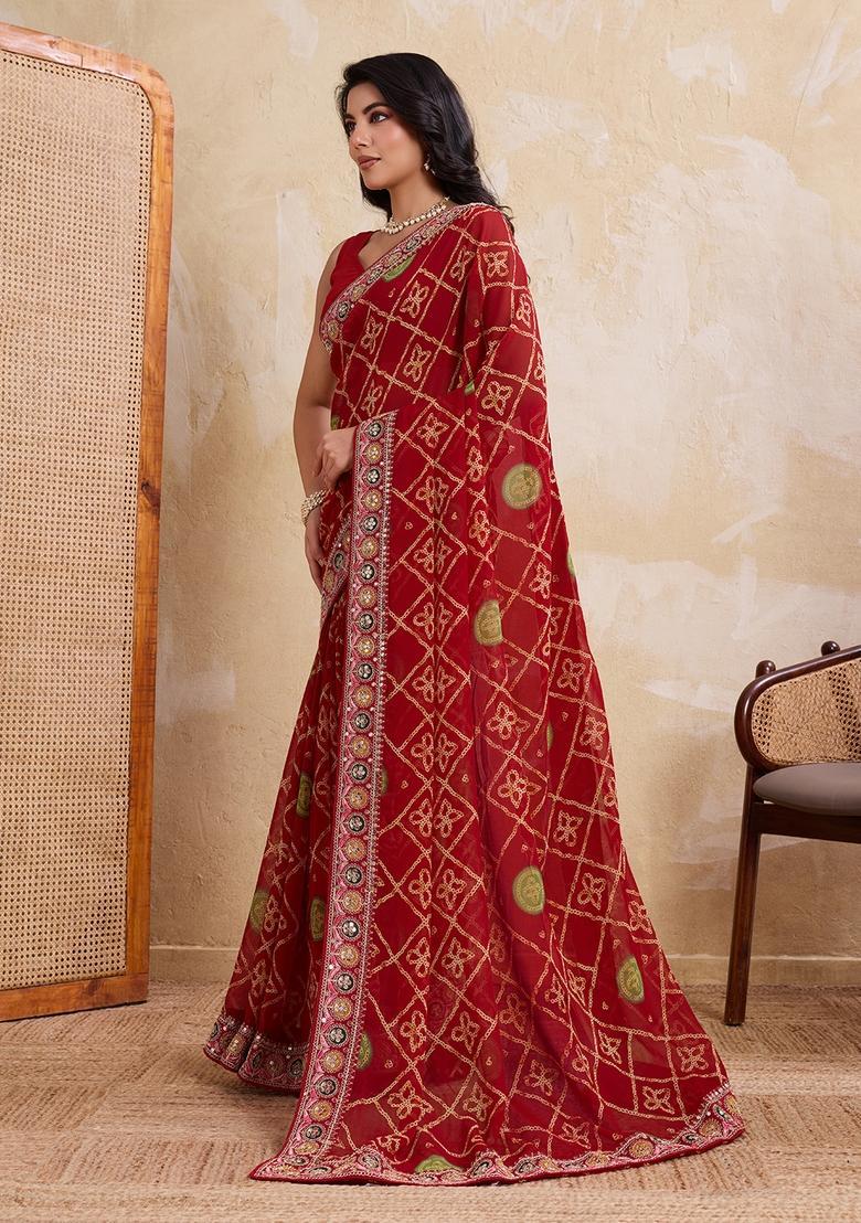 Red Embroidery Georgette Saree Set - Indya